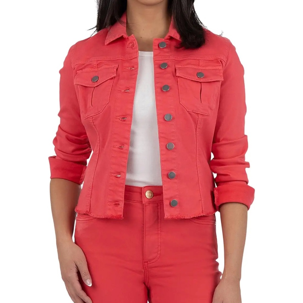 Women’s KUT from the Kloth Kara Dark Coral Denim Jacket Raw Hem Size Small NEW